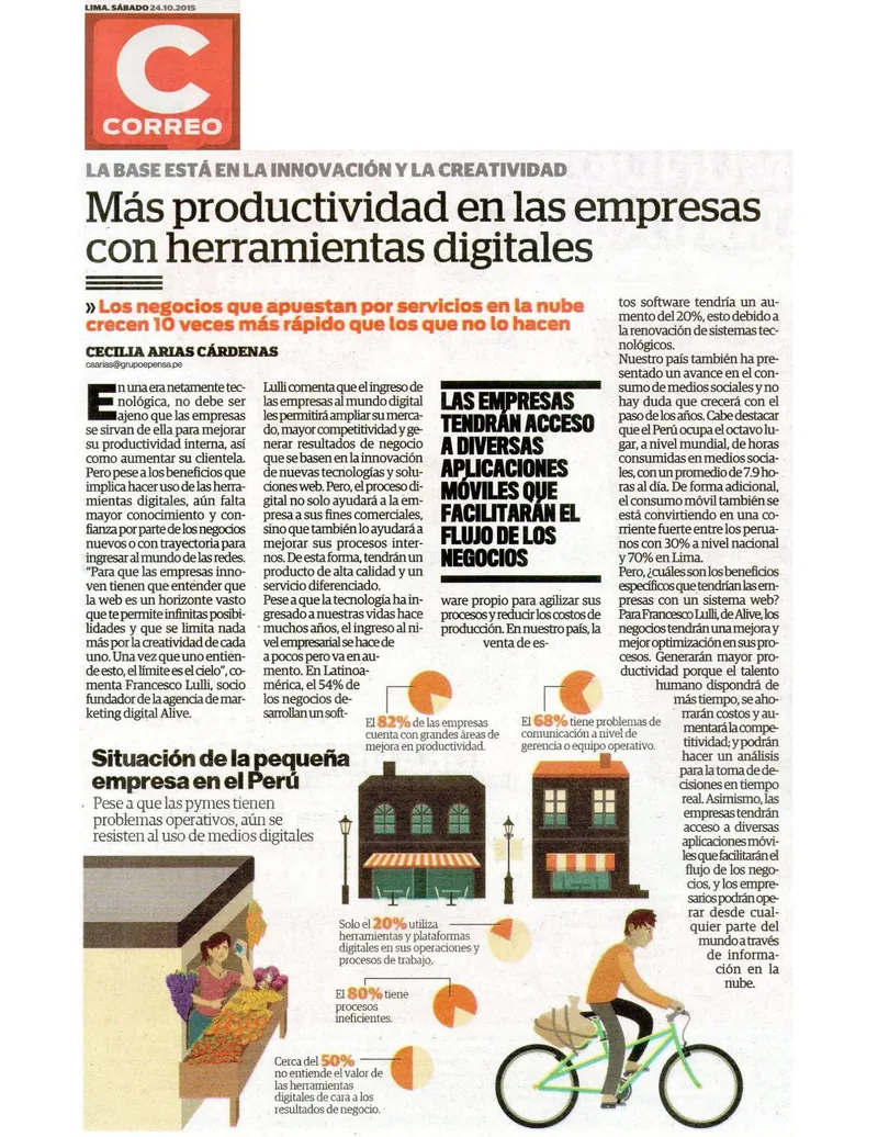 Recorte del diario Correo del 24 de octubre de 2015: «Más productividad en las empresas con herramientas digitales», con declaraciones de Francesco Lulli, socio fundador de ALIVE.